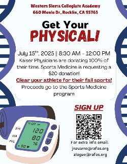 Get your physical for sports clearance. Kaiser Physicians are donating 100% of their time. Sport's Medicine is requesting a $20 donation. 